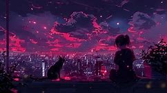La chica está mirando la ciudad de noche con un gato. Estilo Lo-fi. Bucle continuo