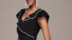 Buy Bebe V Neck Flutter Sleeves Sheath Winter Dress With Studded Stone Detail -  - Apparel for Women
