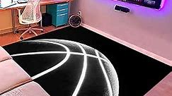 Basketball Rug for Boys Bedroom - Black Basketball Area Rug Basketball Decor Floor Kids Room Carpet Fun Sport Basketball Rug Printed White Ball Playroom Mat,5'×7'