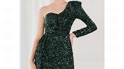 Ruffle One-Shoulder Colorful Sequin Cocktail Dress in Emerald