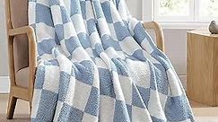 Checkered Throw Blanket for Couch, Bed, Sofa - Reversible Microfiber Soft Cozy and Warm Throws, Lightweight Fluffy Fuzzy Plush Home Decor Blankets for All Seasons (Blue, 50" x 60")