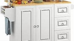 Qsun Kitchen Island with Storage Drawers, Kitchen Cart with Drop Leaf, Kitchen Storage Cabinets with Towel Rack and Spice Rack, White