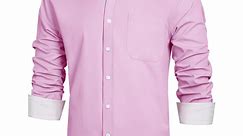 HISDERN Mens Casual Dress Shirts Long Sleeve Button Down Shirts Inner Contrast Business Shirt Pink