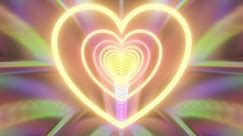 Flying Inside Reflective Mirror Rainbow Neon Glowing Heart 3D Tunnel 4K VJ Loop Motion Background