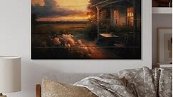 Designart 'Warm Summer Sunset At The Cottage Porch' Landscape Mountains Wood Wall Art - Natural Pine Wood - Bed Bath & Beyond - 37881399
