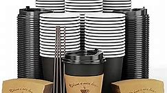 LITOPAK 100 Pack 12 oz Paper Coffee Cups, Drinking Cups for Hot Coffee Chocolate Drinks, Disposable Coffee Cups with Lids, Sleeves and Stirring Sticks, Black Hot Coffee Cups for Home and Cafes.
