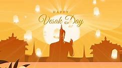 Vesak Day Creative Concept. Vesak Day is a holy day for Buddhists. Vu lan holiday, Happy Buddha Day with Siddhartha Gautama Statue. lanterns, hot air balloons fly in the sky. Animation background.
