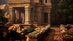 the ruins of an ancient temple nestled in the midst of a lush forest.