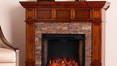 SEI Furniture Merrimack Smart Convertible Fireplace with Faux Stone Buckeye Oak 45.75 x 40.75 Freestanding Indoor Smart Electric Fireplaces