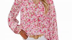 Weardear Dressy Blouses for Women Boho Tops Floral V Neck Summer Blouse Puff Long Sleeve Elegant Chiffon Tops