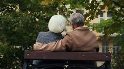 Free stock video - Rear view of elderly married couple hugging each other sitting on the bench in the park in autumn