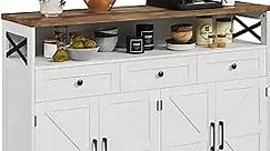 Farmhouse Buffet Cabinet with Drawers & Open Shelf, Sideboard Storage Cabinet, Kitchen Hutch Pantry, Wood Coffee Bar Station Cabinet for Kitchen, Dining Room, Hallway, 52" L White