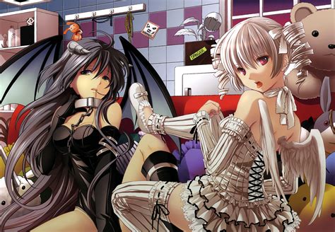 Anime demons and angels blonde hair and green eyes. 2girls angel black hair breasts bunny chain choker cleavage collar demon dress elbow gloves ...