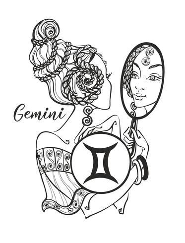 Birds and insects coloring pages. Zodiac sign Gemini a beautiful girl. Horoscope. Astrology ...