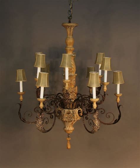 Metal arms & shade chandeliers. Large Italian Hand-Carved Wood and Wrought Iron Chandelier ...