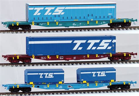 Documentations et aux nombreuses archives sur tous les modèles de train belge, français, italien, espagnol l.s. LS Models Set of 3 container flat cars type Sgs with containers TTS - EuroTrainHobby