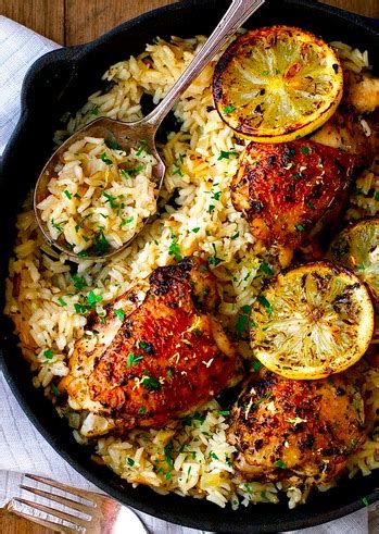 In the meantime, toss the chicken with some salt, pepper, add it to the hot pan and cook it until color develops on all sides. One Skillet Greek Chicken and Lemon Rice - Recipes - Faxo