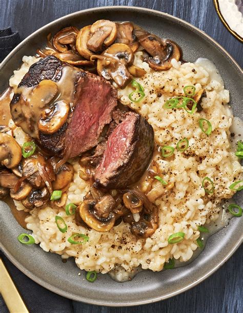 For sauce, stir onion into reserved drippings in skillet. Beef Tenderloin in a Mushroom Sauce served over Truffled Risotto | Recipe | Hello fresh recipes ...