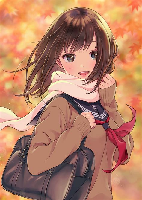 The older she gets, the longer she keeps her short hair. Anime girl beautiful autumn blush brown eyes brown hair happy scarf school bag seifuku short ...