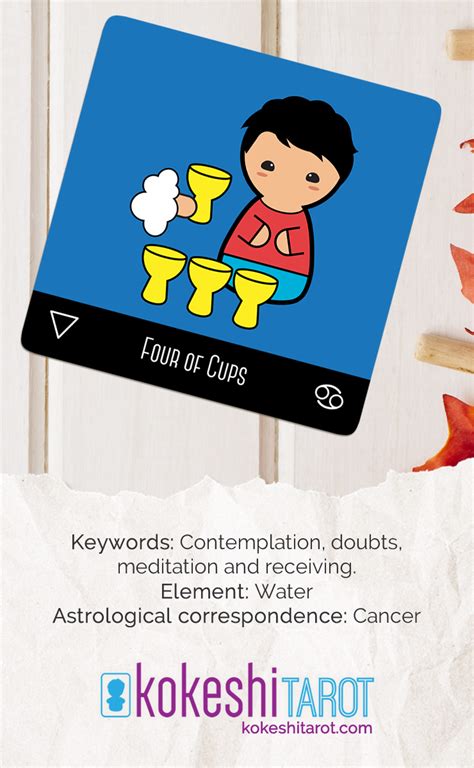 Seek out causes or people to care and fight for. Four of Cups / Kokeshi Tarot | Tarot card meanings, Tarot, Minor arcana