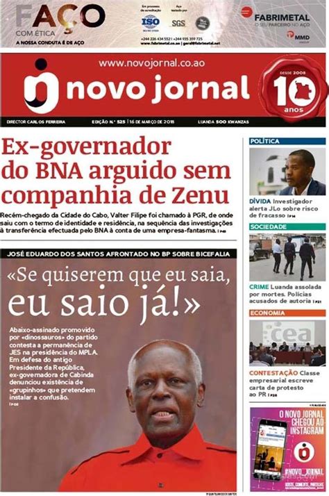 De angola para o mundo, a melhor informação. Capa - Novo Jornal de 2018-03-16