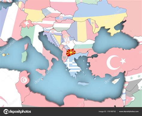 Die heutige flagge nordmazedoniens wurde 1995 angenommen, nachdem das benachbarte griechenland gegen die verwendung des sterns von vergina in der flagge von 1992 protest eingelegt hatte. Karte von Mazedonien mit Flagge auf Globus — Stockfoto ...