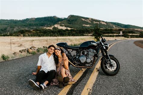 Go for a walk in the snow and have a picture of your kissing under a streetlight in the snowfall. Boho motorcycle engagement session in the desert | Miah ...