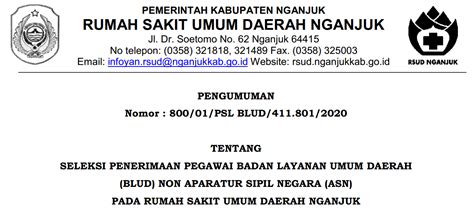 Demikianlah berita lowongan kerja nganjuk terbaru untuk bulan ini yang dapat kami sampaikan untuk sobat pengunjung setia zonakeren.com, website info lowongan kerja terbaru dan terkini seluruh indonesia minggu ini. Rekrutmen Pegawai BLUD Non ASN Pada Rumah Sakit Umum ...