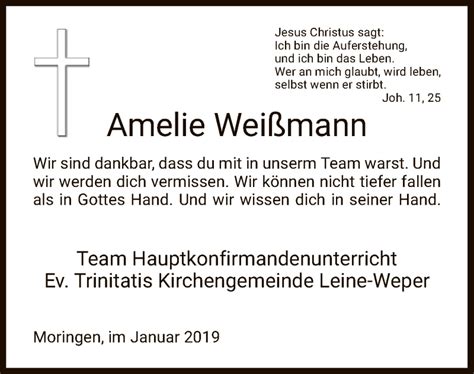 Maybe you would like to learn more about one of these? Traueranzeigen von Amelie Weißmann | Trauer.HNA.de