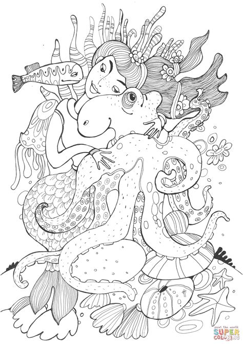 Free printable octopus coloring page. Cute Octopus and Mermaid coloring page | Free Printable ...