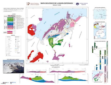 Base antartica administrada por la fuerza aerea argentina, creada en el año 1969, puerta de entrada al continente blanco. Mapa geológico de bahía Esperanza, en la isla antártica de ...