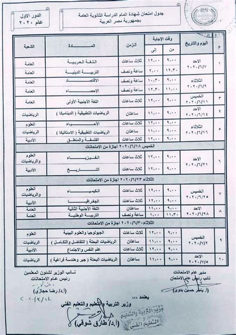 جدول الثانوية العامة 2021 معتمد من وزير التربية والتعليم. جدول الثانوية العامة 2020 رسمي من وزارة التربية والتعليم ...