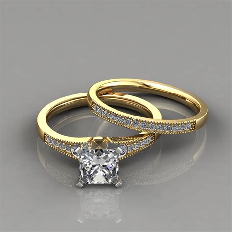 Warm and lustrous yellow gold is a beautiful precious metal choice for a diamond bridal set. Princess Cut Graduated Milgrain Bridal Set Rings - Forever ...