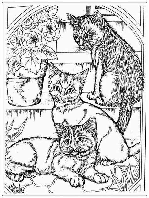 Coloring page with striped cats in the garden. Cat Coloring Pages For Adults - Part 4