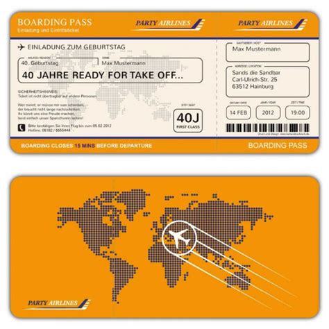 The design is of a mock airline boarding pass in blue and green, with plenty of space to add the details of your upcoming nuptials. Einladungskarte als Flugticket Boarding Pass