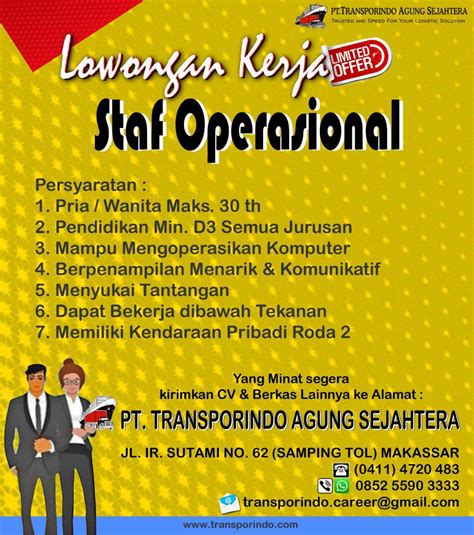 Update loker di langkat bulan ini untuk anda yang membutuhkan info lowongan pekerjaan terkini untuk wilayah. Lowongan Kerja Loker PT. Transporindo Agung Makassar Juni 2019