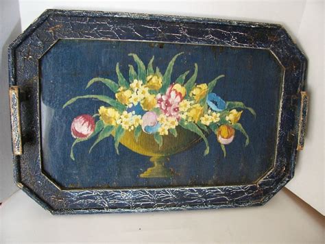 Shabby chic decorative tray, serving tray, wooden serving tray, wood tray, rustic serving tray. Antique WOOD SERVING TRAY Handled with Handpainted Floral ...