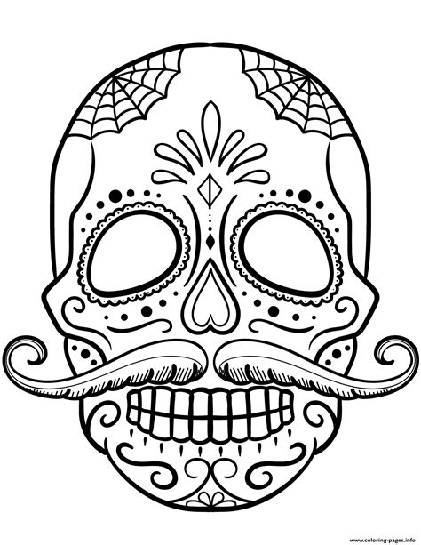 Printable mustache coloring pages and party crafts. Sugar Skull With Mustache Calavera Coloring Pages Printable