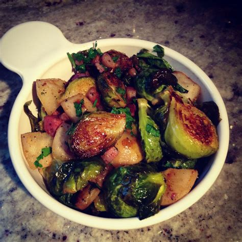 Brussels are delicious when fried with bacon or pancetta. Roasted Brussels Sprouts with Pear, Pancetta, Meyer Lemon ...