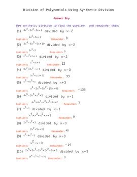 Test and worksheet generators for math teachers. Synthetic division worksheets with answers