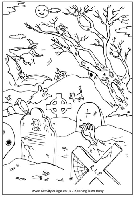 When you're finished exploring the little structure go outside, and the spirit will talk with you. Halloween Graveyard Colouring Page