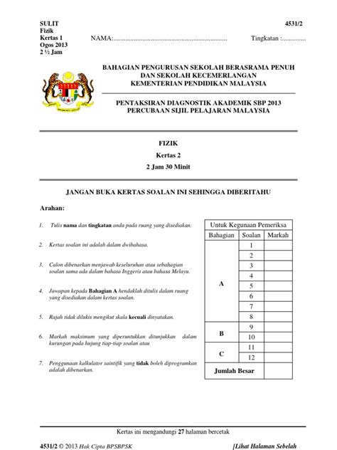 Bahagian a, bahagian b dan bahagian c. Trial SBP Physics SPM 2013 Paper 2