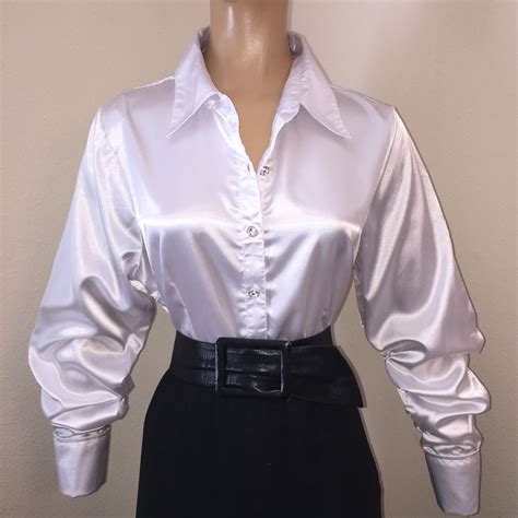 Satin skirt and a sheer blouse on the british tease babe. M WHITE Shiny LIQUID SATIN Stretch BLOUSE Top RHINESTONE ...