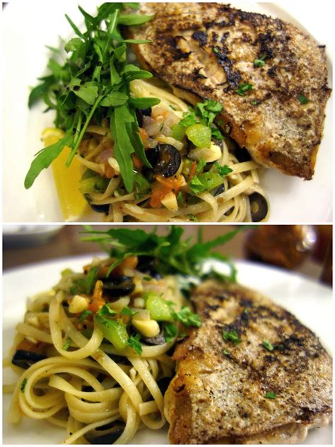 I'm trying to make comparisons la. Pasta? Naturally - here's one with halibut, tossed with ...
