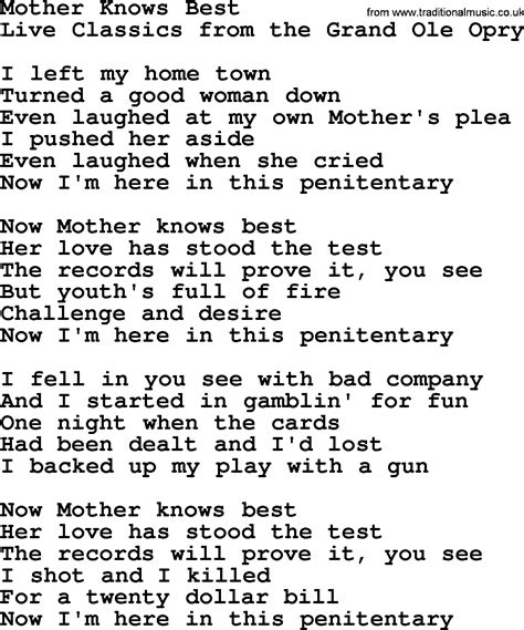 You want to go outside oh why, rapunzel? Mother Knows Best, by Marty Robbins - lyrics