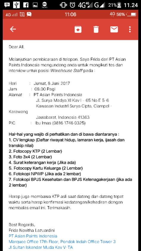 Namun, bagaimana cara kita merespon undangan tersebut dengan tata cara yang baik terutama jika undangan selanjutnya yang perlu dicantumkan adalah jawaban atas panggilan interview yang biasanya tela mencantumkan. PT Asian Paints Indonesia Kawasan Industri Suryacipta Via ...