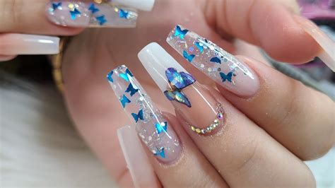 Esculpidas (con un molde) o con un tip (uña de plástico). Full set de uñas acrilicas!!😍 diseño de mariposas🦋💙💅😍 ...