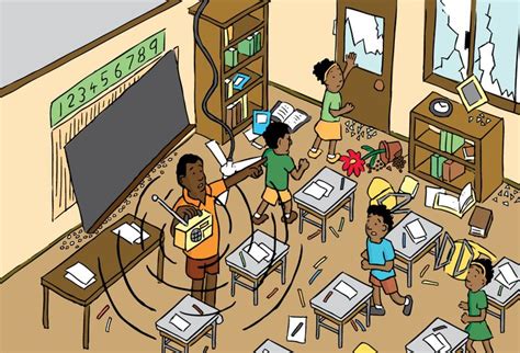 10 items to stockpile before an earthquake. High angle cartoon of classroom. Drawing of damage after ...