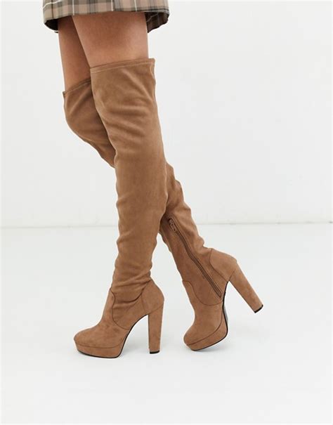 How to wear fold over boots: Miss Selfridge over the knee heeled boots in camel | ASOS
