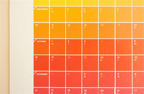 The page contains orange and similar colors including their accompanying hex and rgb codes. FPO: Colour Chart Calendar